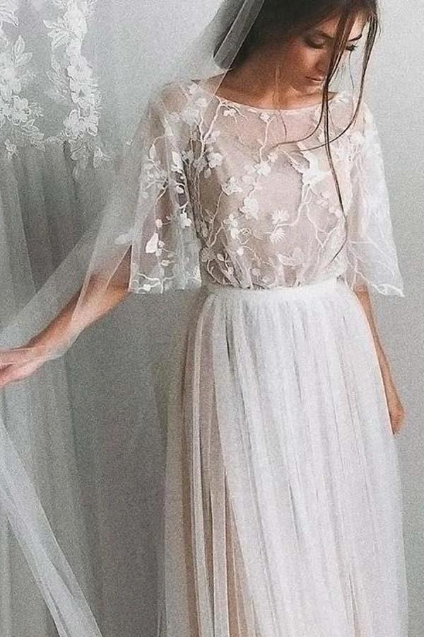 Half Sleeve Wedding Dresses A-line  Elegant Simple Romantic Lace Bridal Gown (ZD16014)