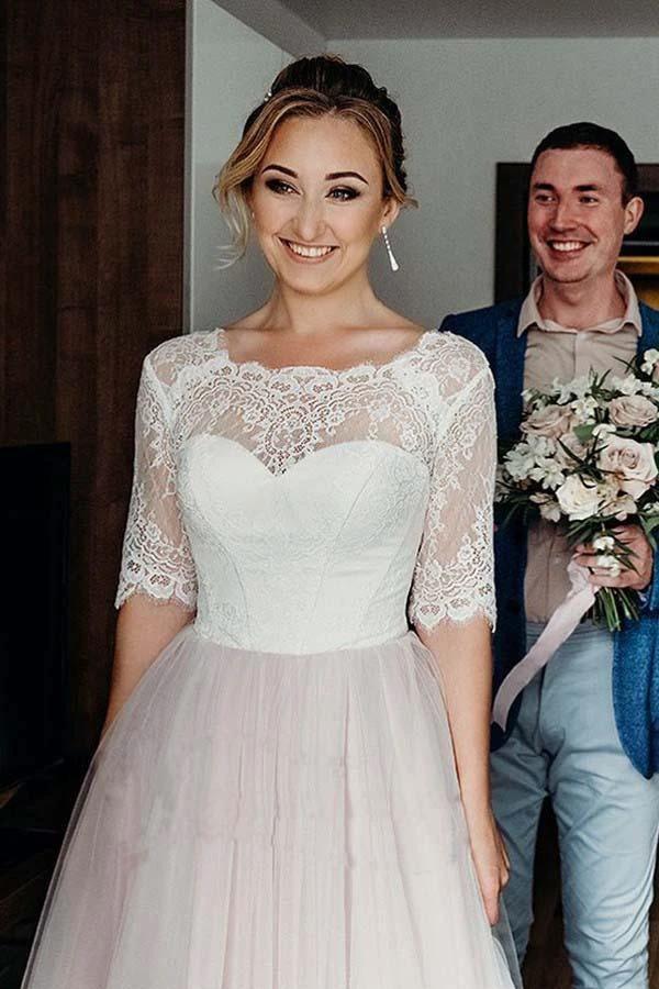 Half Sleeves Pink Backless Lace Up Floor Length Wedding Dress (ZD15363)