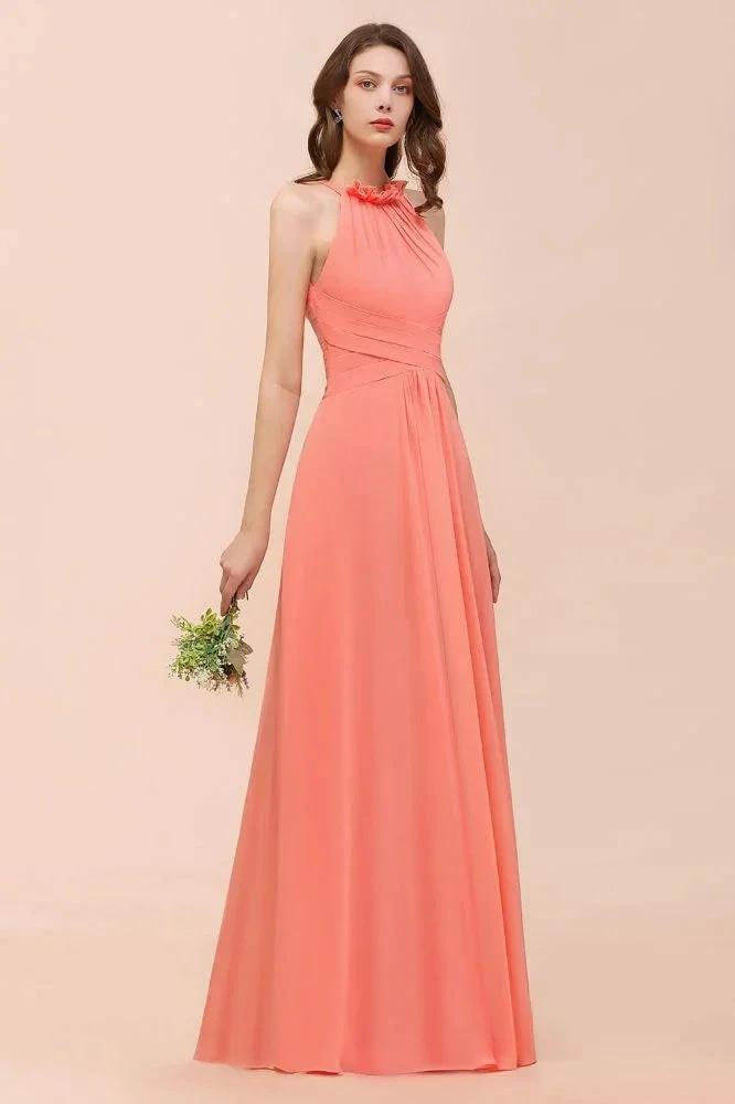 halter Beach Bridesmaid Dress Girls Coral Floor Length Wedding Party Dress (ZD12977)