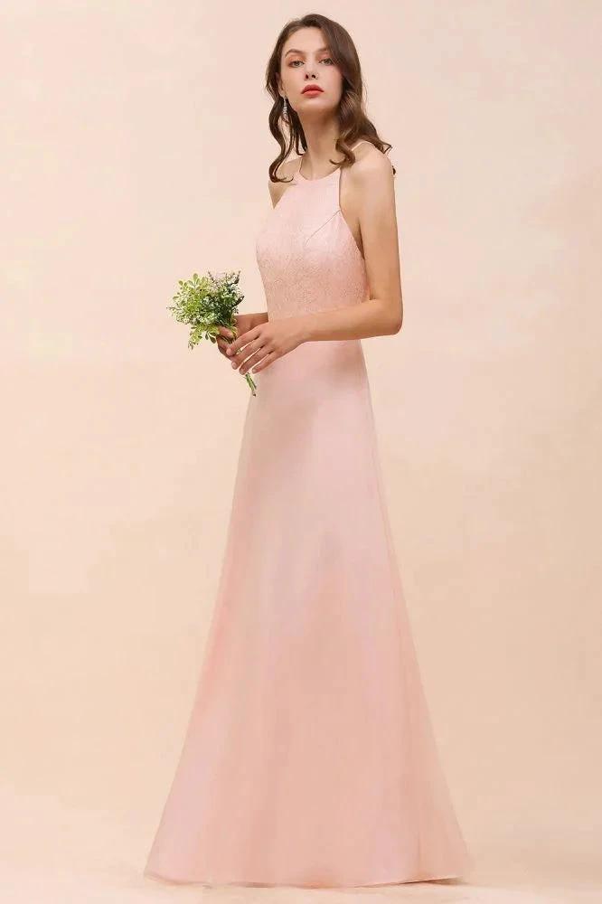 Halter Bridesmaid Dress Pink Floor Length Formal Event Dress (ZD12994)
