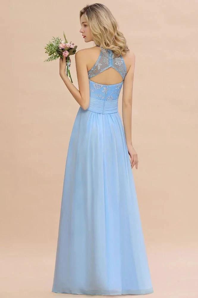 Halter Floral lace aline Chiffon Bridesmaid Dress Sleeveless Ruffle Wedding Guest Dress (ZD13125)
