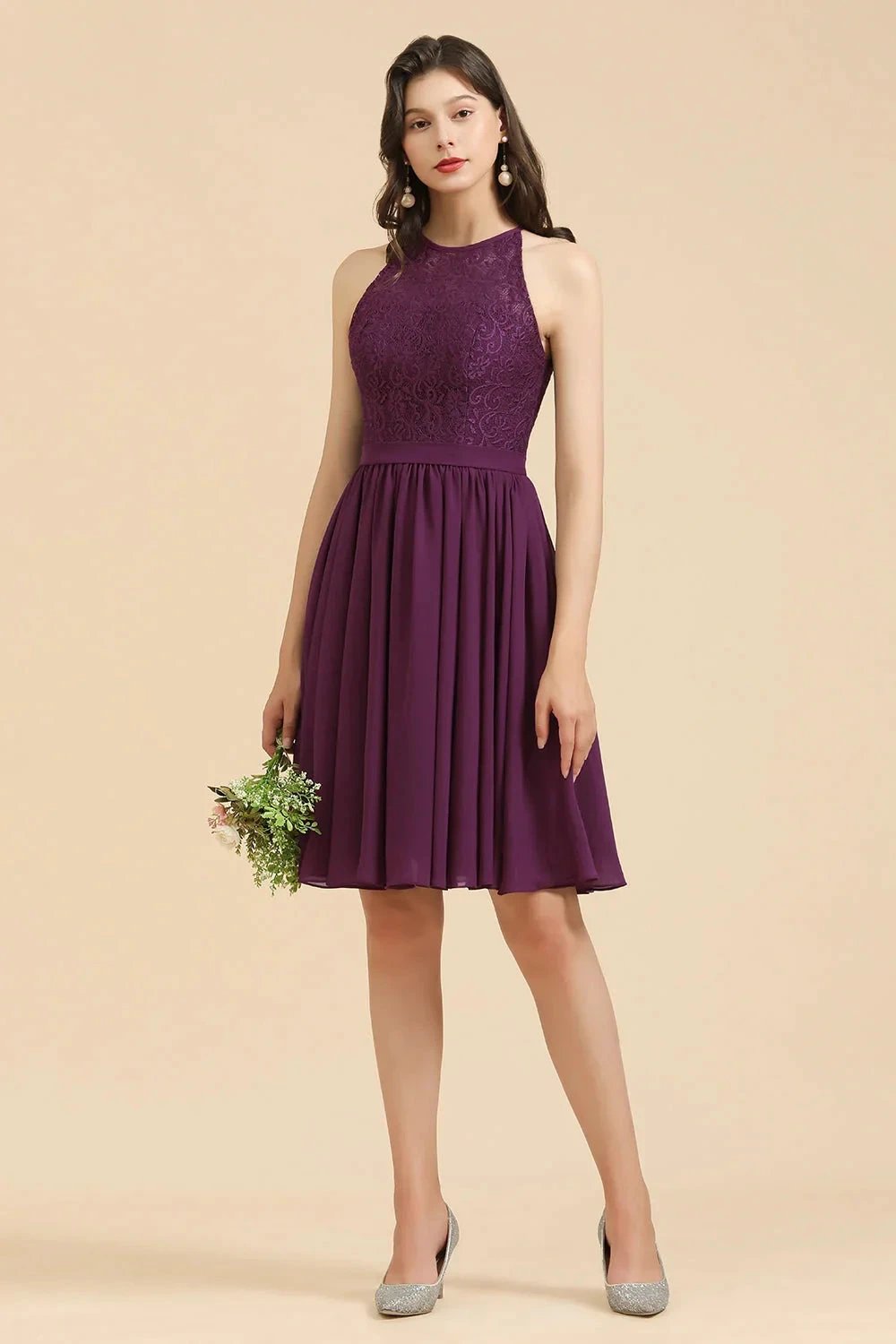 Halter Lace Bridesmaid Dress Chiffon Sleeveless Short Dress (ZD12878)