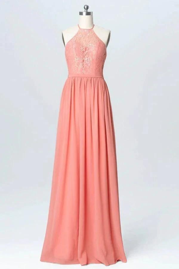Halter Lace Long Chiffon Peach Bridesmaid Dresses BD060 by pgmdress