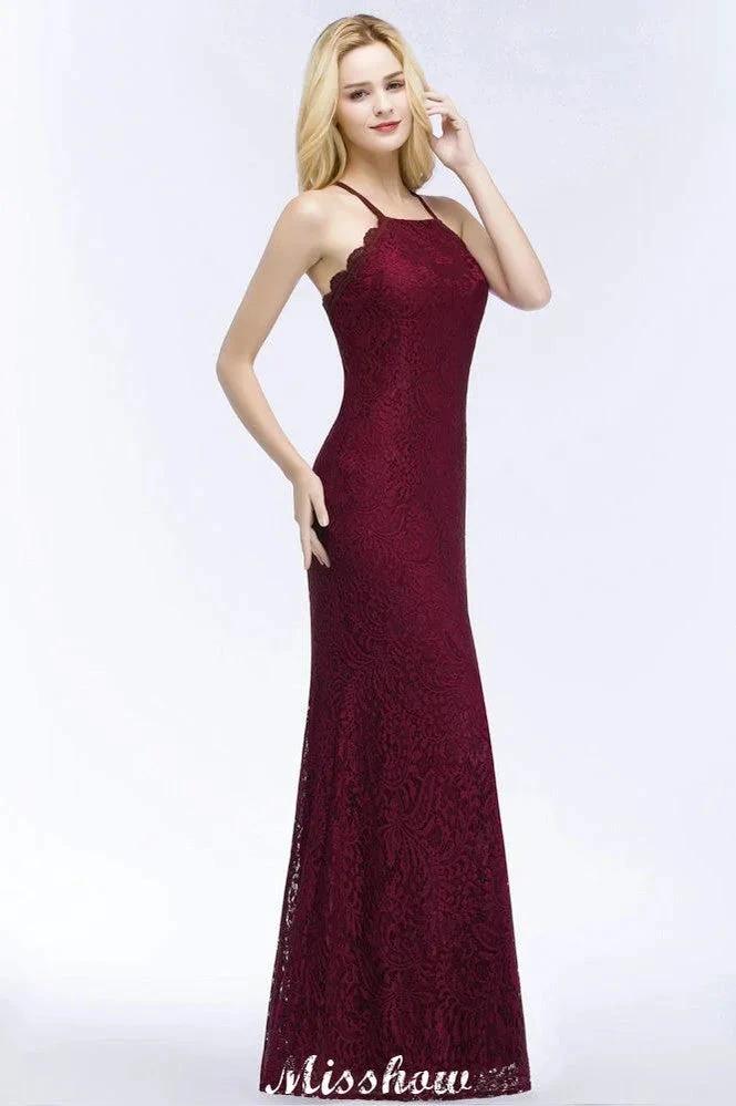Halter Mermaid Evening Dress Floor Length Lace Burgundy Bridesmaid Dresses (ZD12879)
