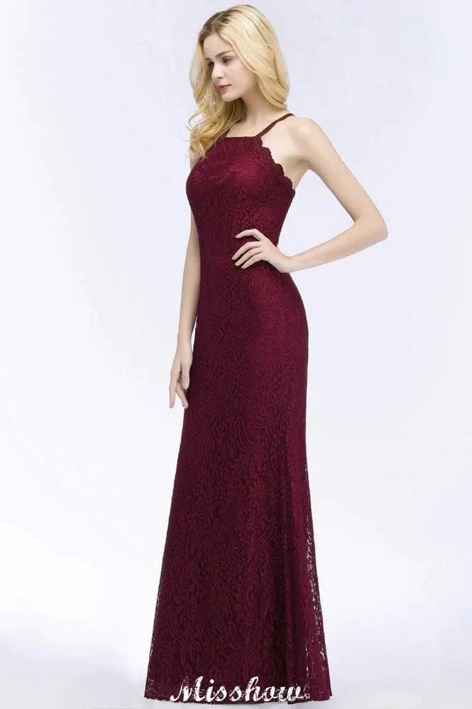 Halter Mermaid Evening Dress Floor Length Lace Burgundy Bridesmaid Dresses (ZD12879)