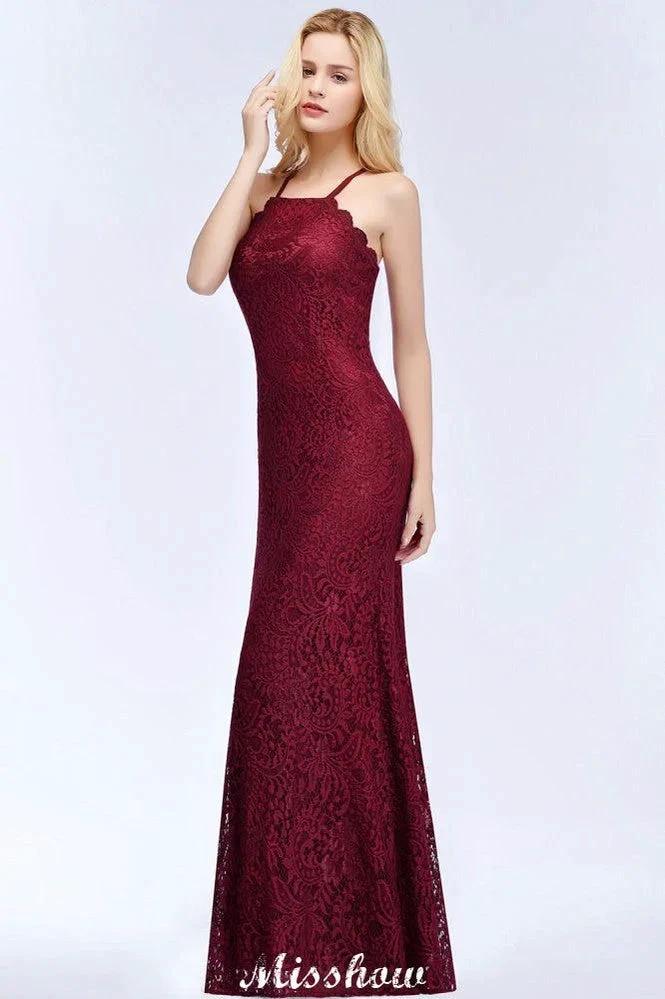 Halter Mermaid Evening Dress Floor Length Lace Burgundy Bridesmaid Dresses (ZD12879)