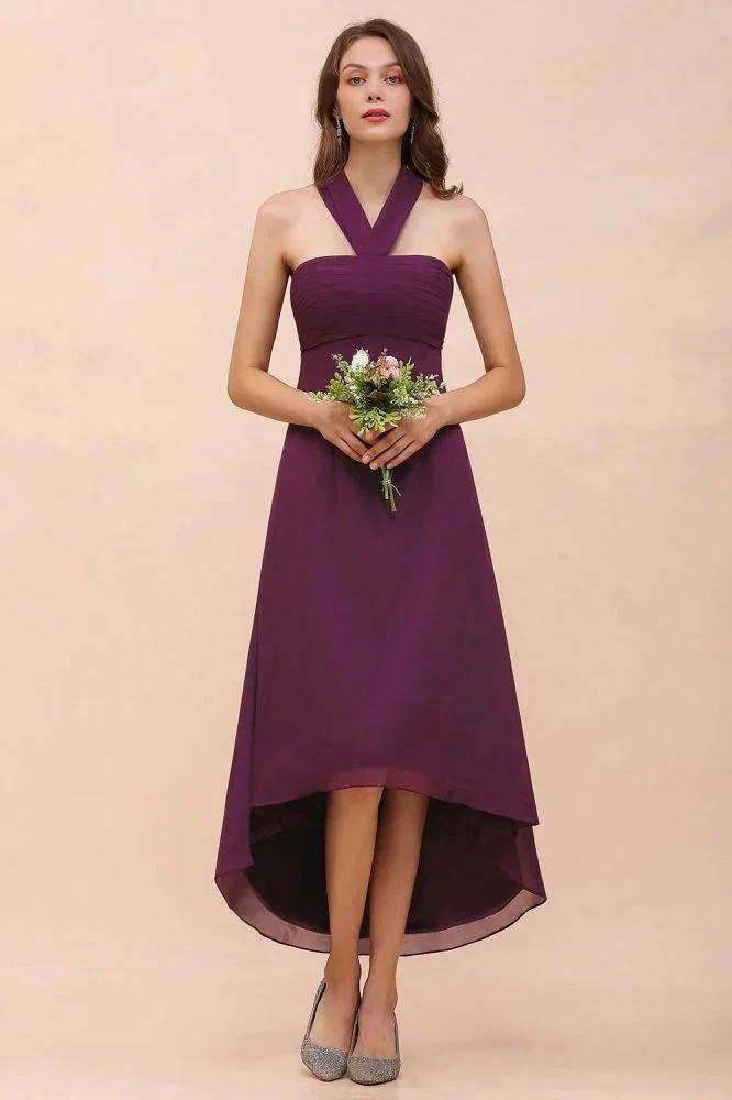Halter Purple Hi-Lo Bridesmaid Dress Chiffon Cocktail Party Dress (ZD12978)