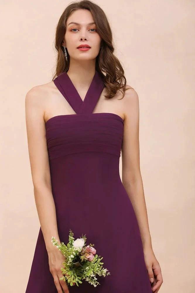 Halter Purple Hi-Lo Bridesmaid Dress Chiffon Cocktail Party Dress (ZD12978)