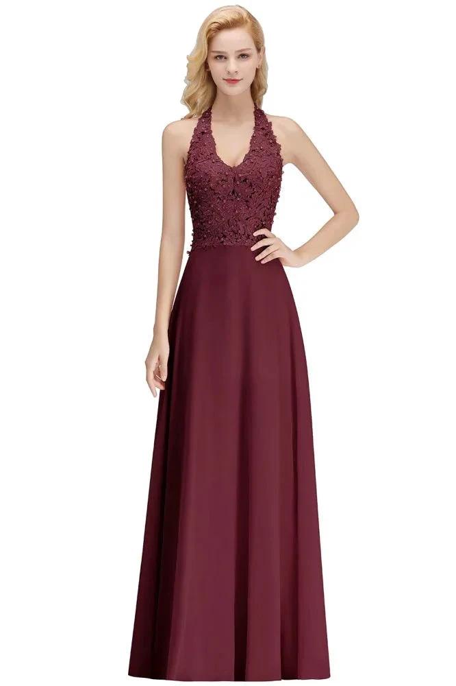 Halter Sleeveless Floral Appliques Evening Party Dress Aline Floor Length Bridesmaid Dress by misshow.com