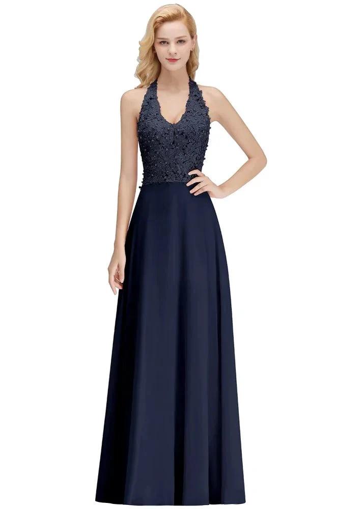 Halter Sleeveless Floral Appliques Evening Party Dress Aline Floor Length Bridesmaid Dress by misshow.com