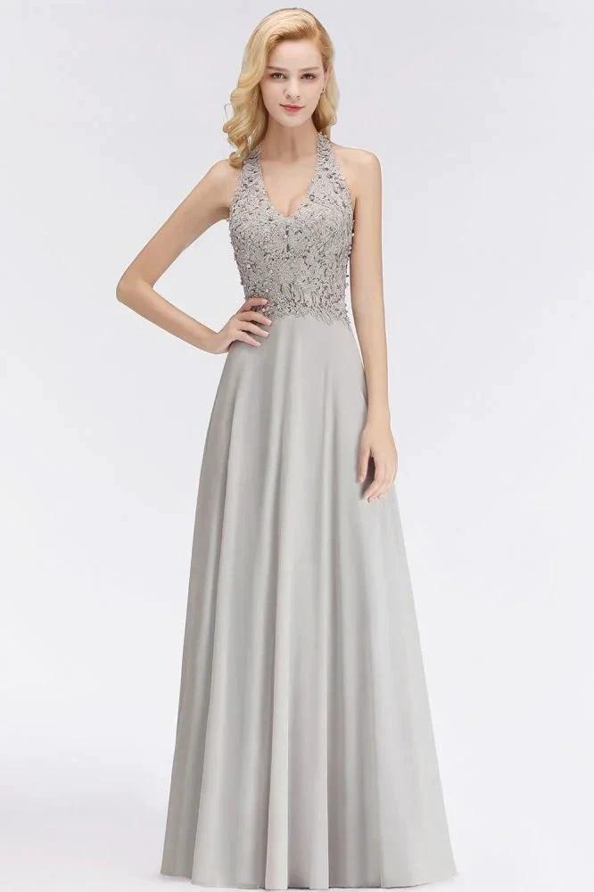 Halter Sleeveless Floral Appliques Evening Party Dress Aline Floor Length Bridesmaid Dress (ZD13031) - VelvetHem