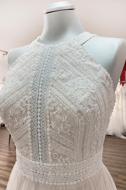 Halter Tulle Ivory Lace Backless Wedding Dresses (ZD17538)