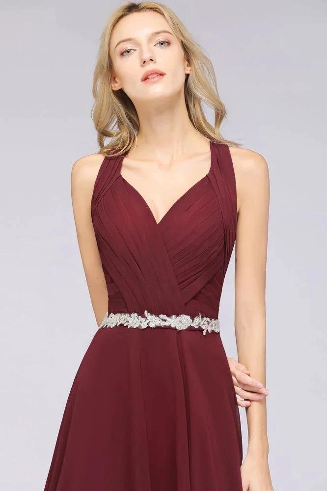 Halter V-Neck Sleeveless Ruffle Bridesmaid Dress with Appliques Sashes Evening Swing Dress (ZD13120)
