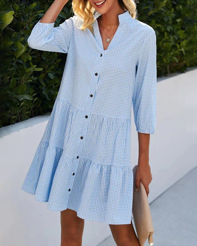Fernanda Elegant A-line Dress with V-neck and Plaid Pattern for Women