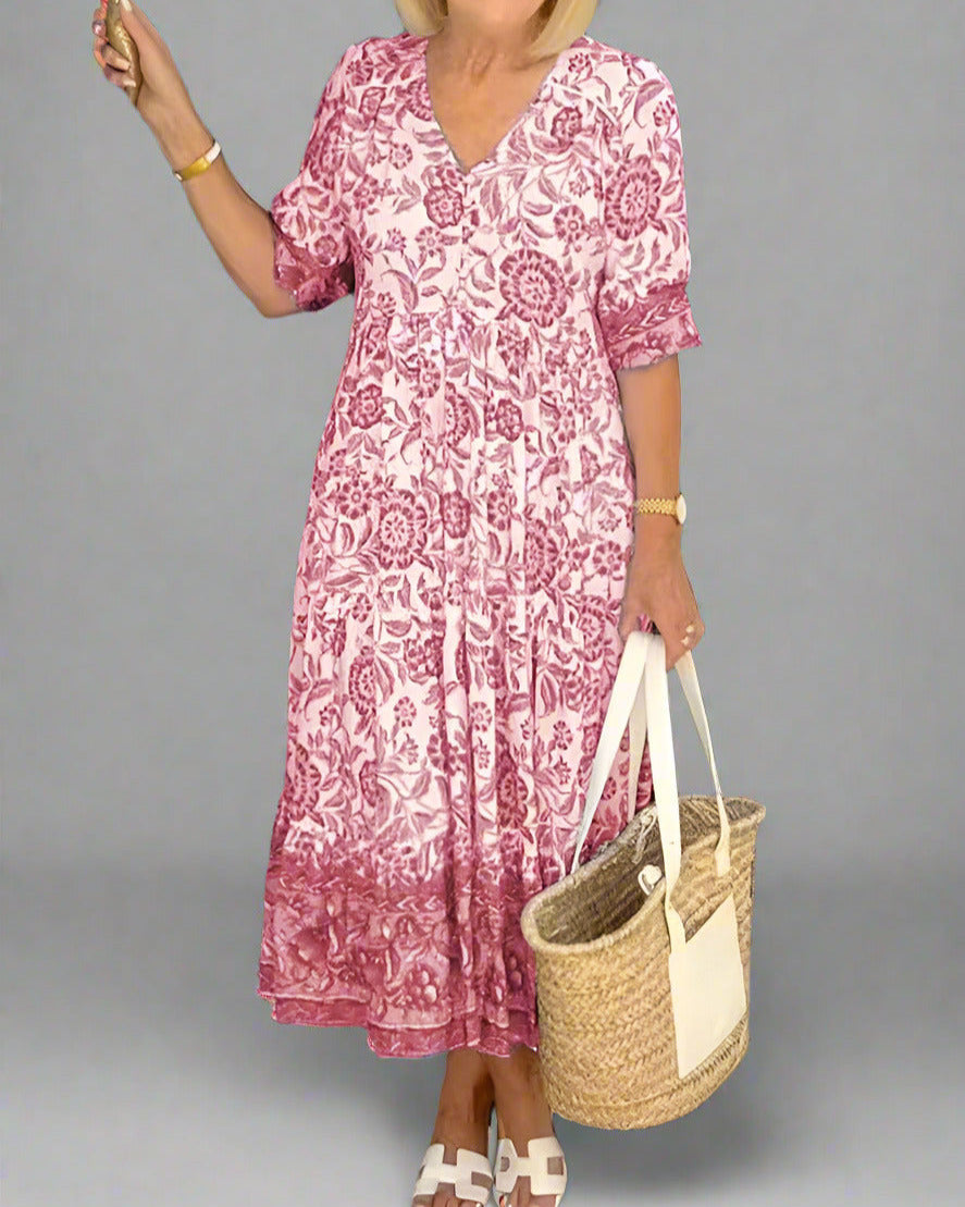 Úrsula Elegant Floral Dress with V-neck for Women Vacation Beach Look