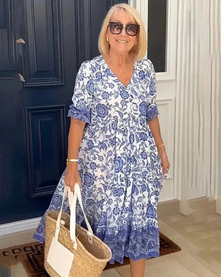 Úrsula Elegant Floral Dress with V-neck for Women Vacation Beach Look
