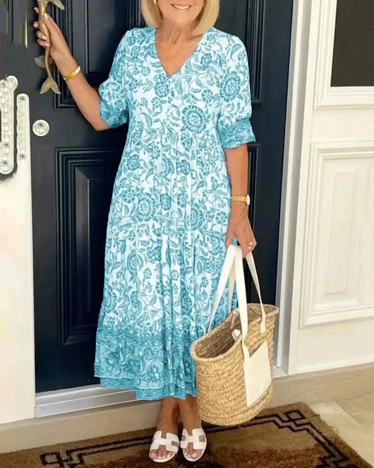 Úrsula Elegant Floral Dress with V-neck for Women Vacation Beach Look