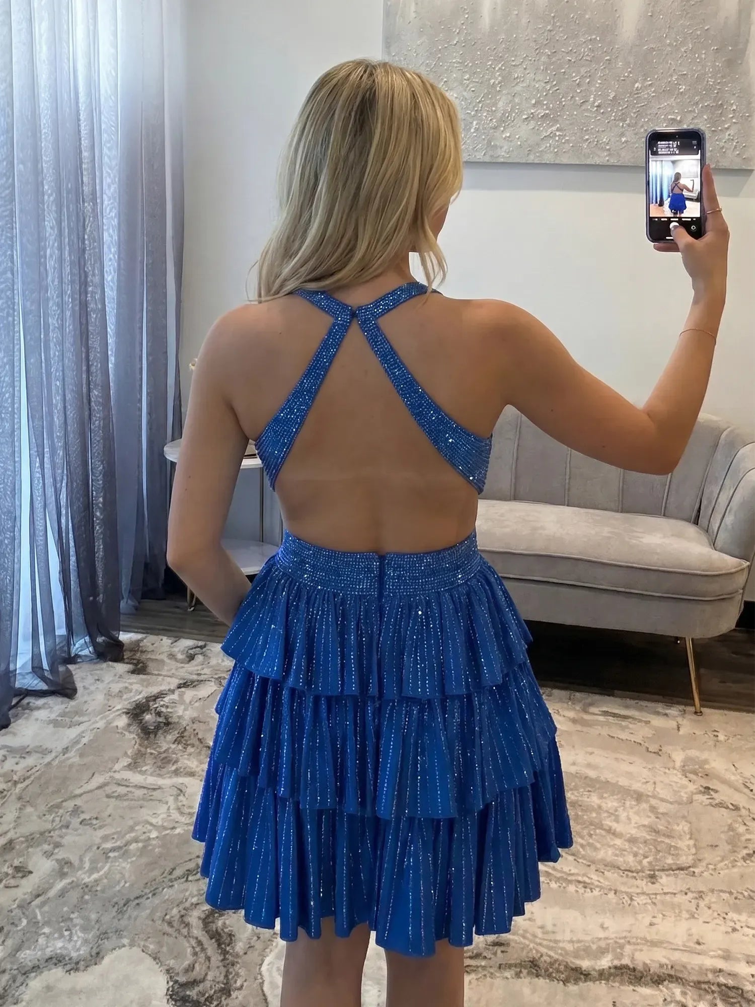 Halter Deep V-Neck Rhinestone Striped Tiered Ruffle Mini Dress Homecoming Dresses