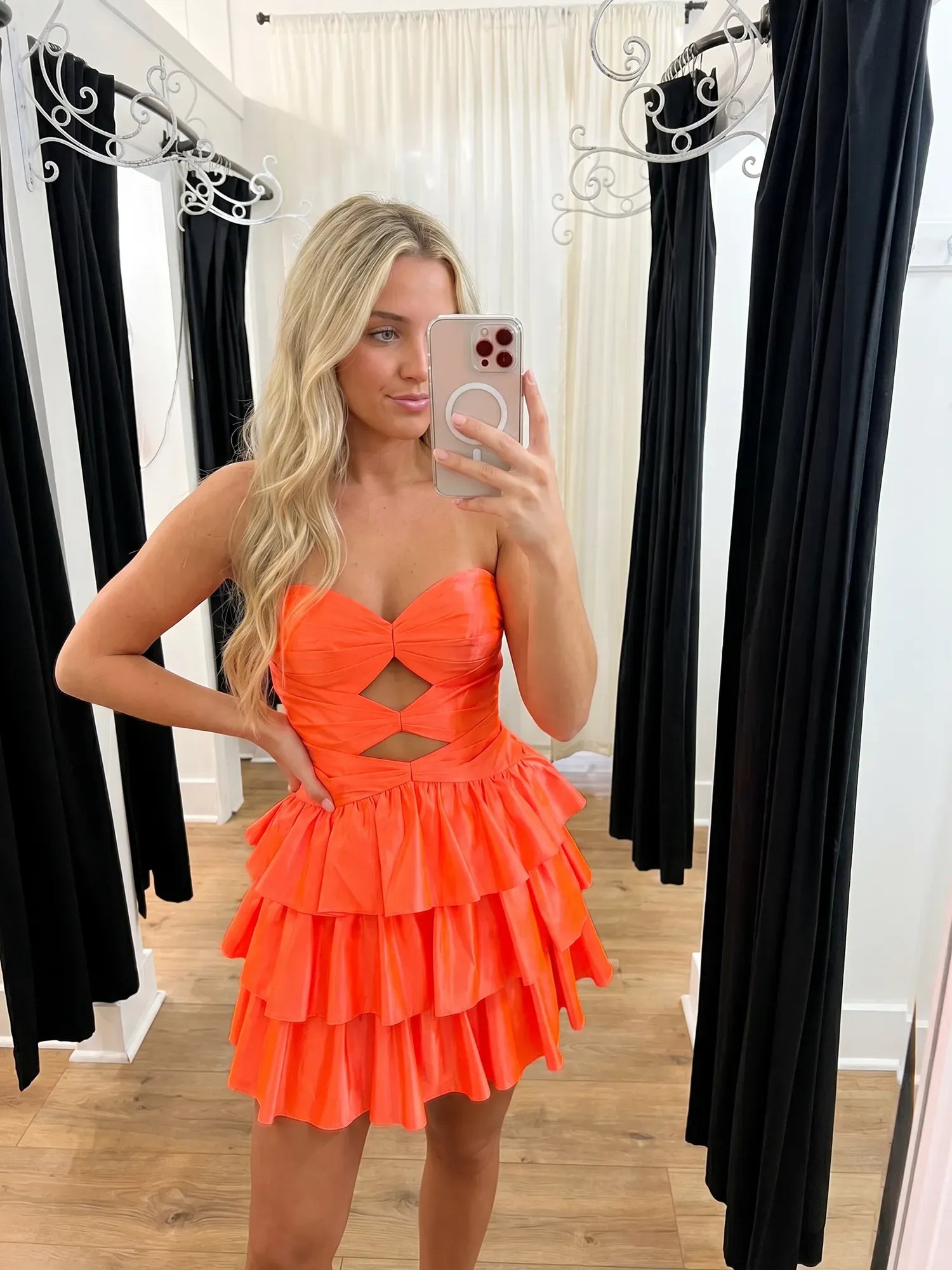 Strapless Tiered Ruffled Mini Homecoming Dresses with Cut-Outs