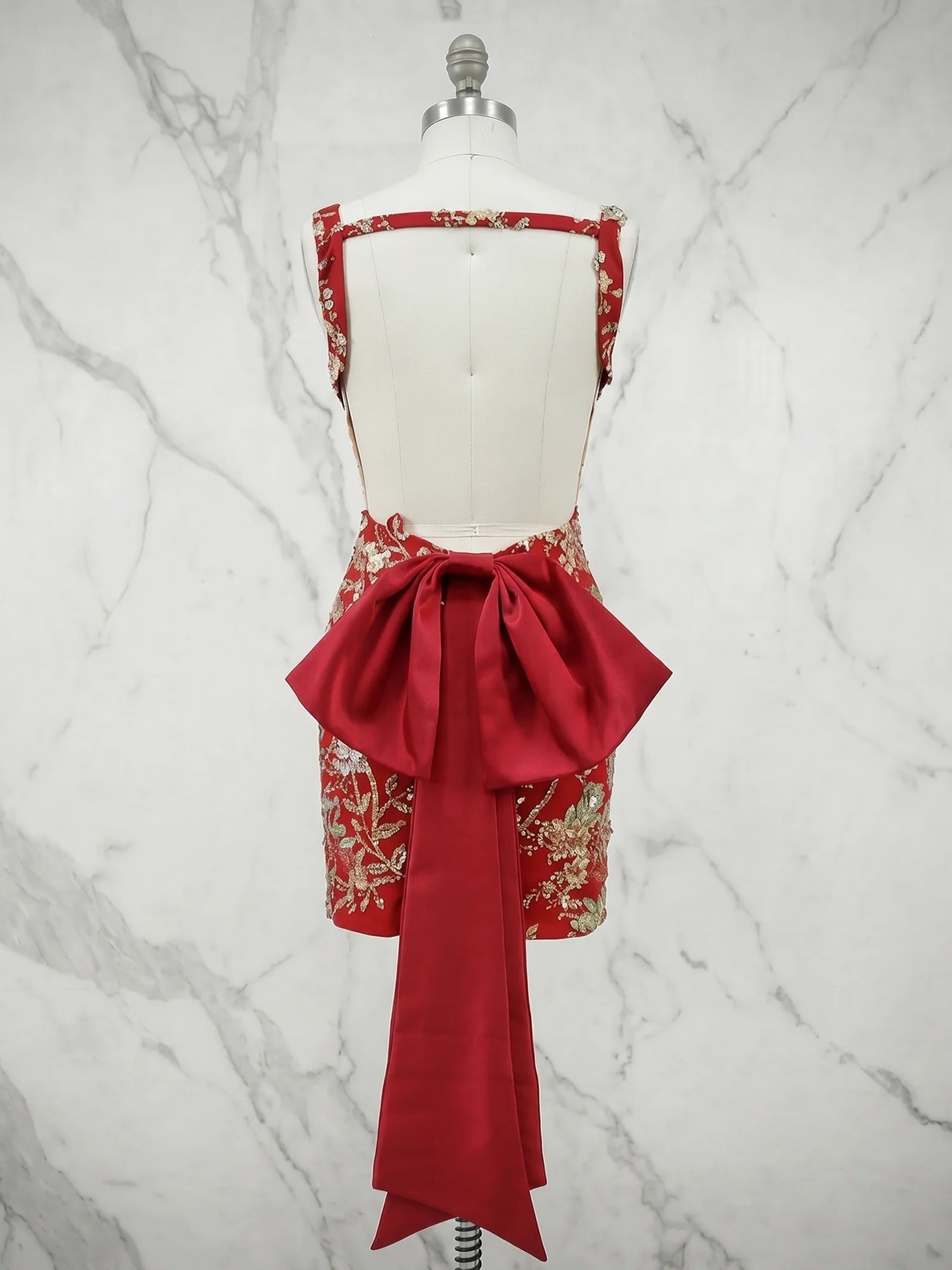 Floral Embroidered Deep V-Neck Homecoming Dress with Oversized Bow Train