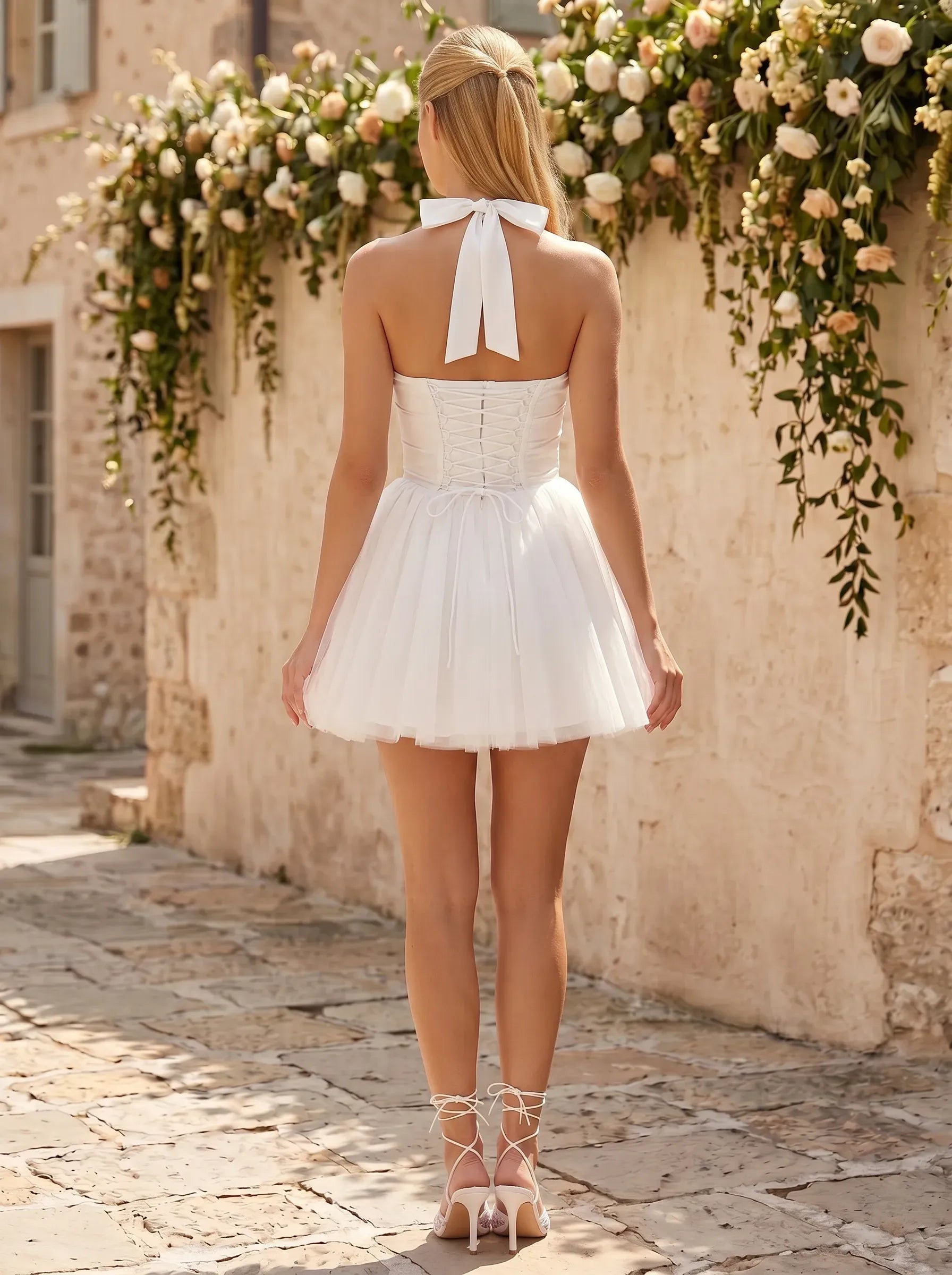 Halter Sweetheart Bow Accent Tulle Mini Dress Homecoming Dresses