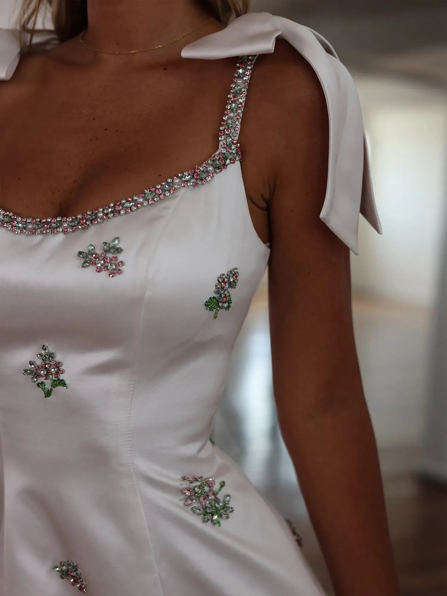 Scoop Neck Floral Embroidered Corset Mini Homecoming Dresses with Bow Straps and Tiered Skirt