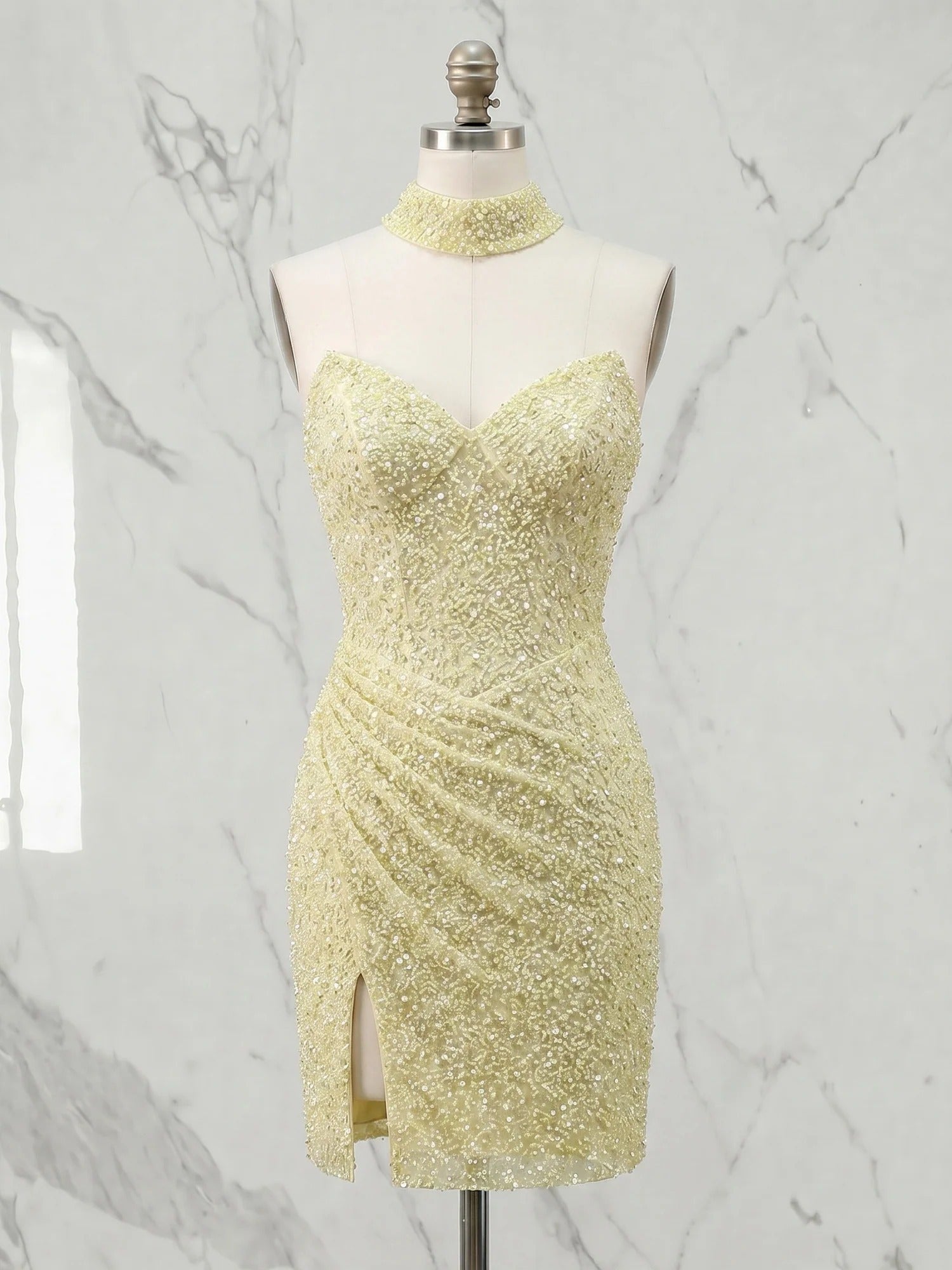 Luminous Butter Yellow Sequin Corset Slit Homecoming Dress with Choker