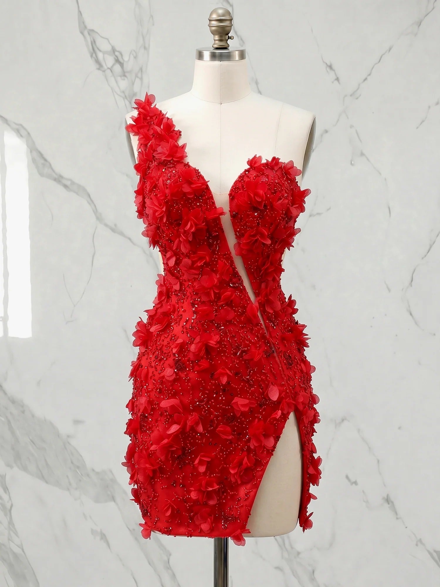 One-Shoulder Sheer Lace Applique Mini Homecoming Dress with Side Slit