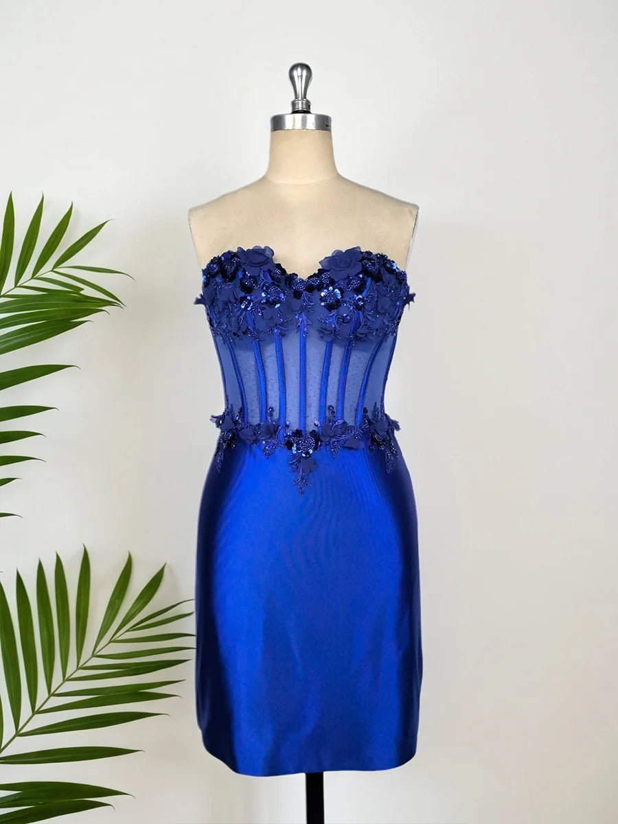 Strapless Satin Short Homecoming Dress with Appliqeus