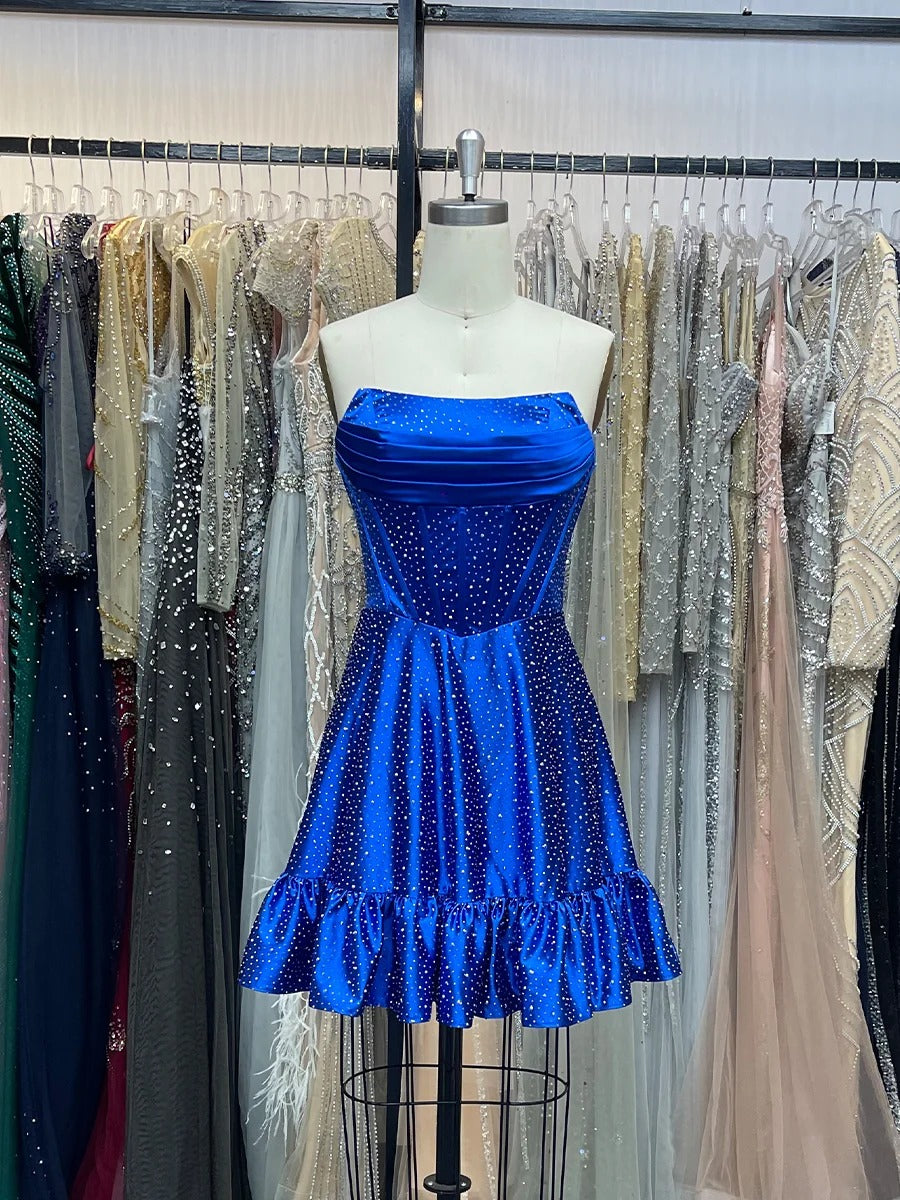 Strapless Beaded Short Homecoming Dress with Ruffle