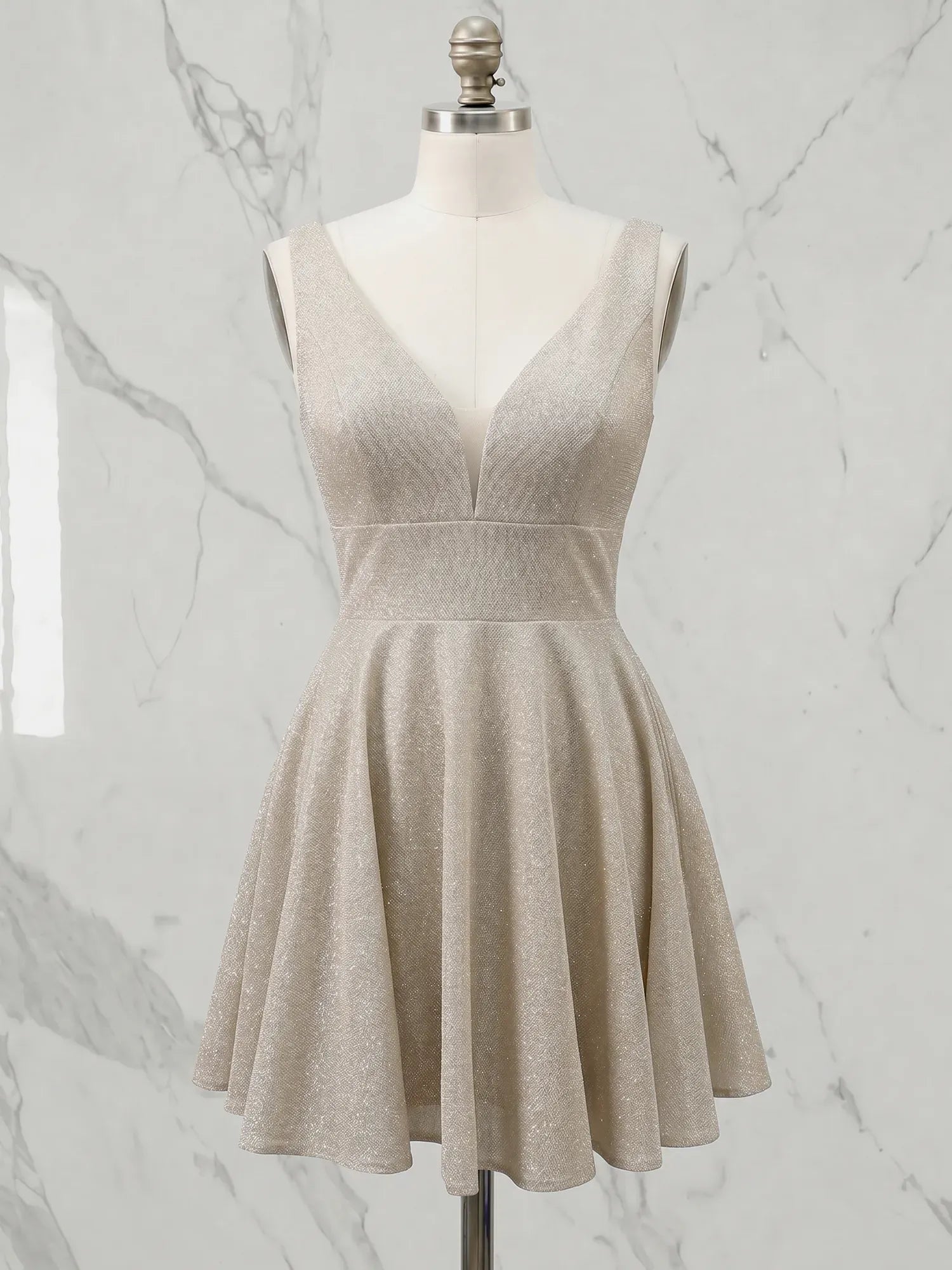 V-Neck Beaded Satin Short Homecoming Dress with Pleated Waist