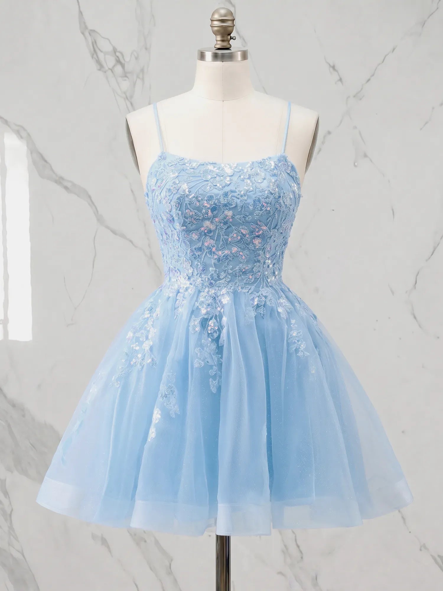 Square Neck Floral Lace A-Line Mini Homecoming Dress