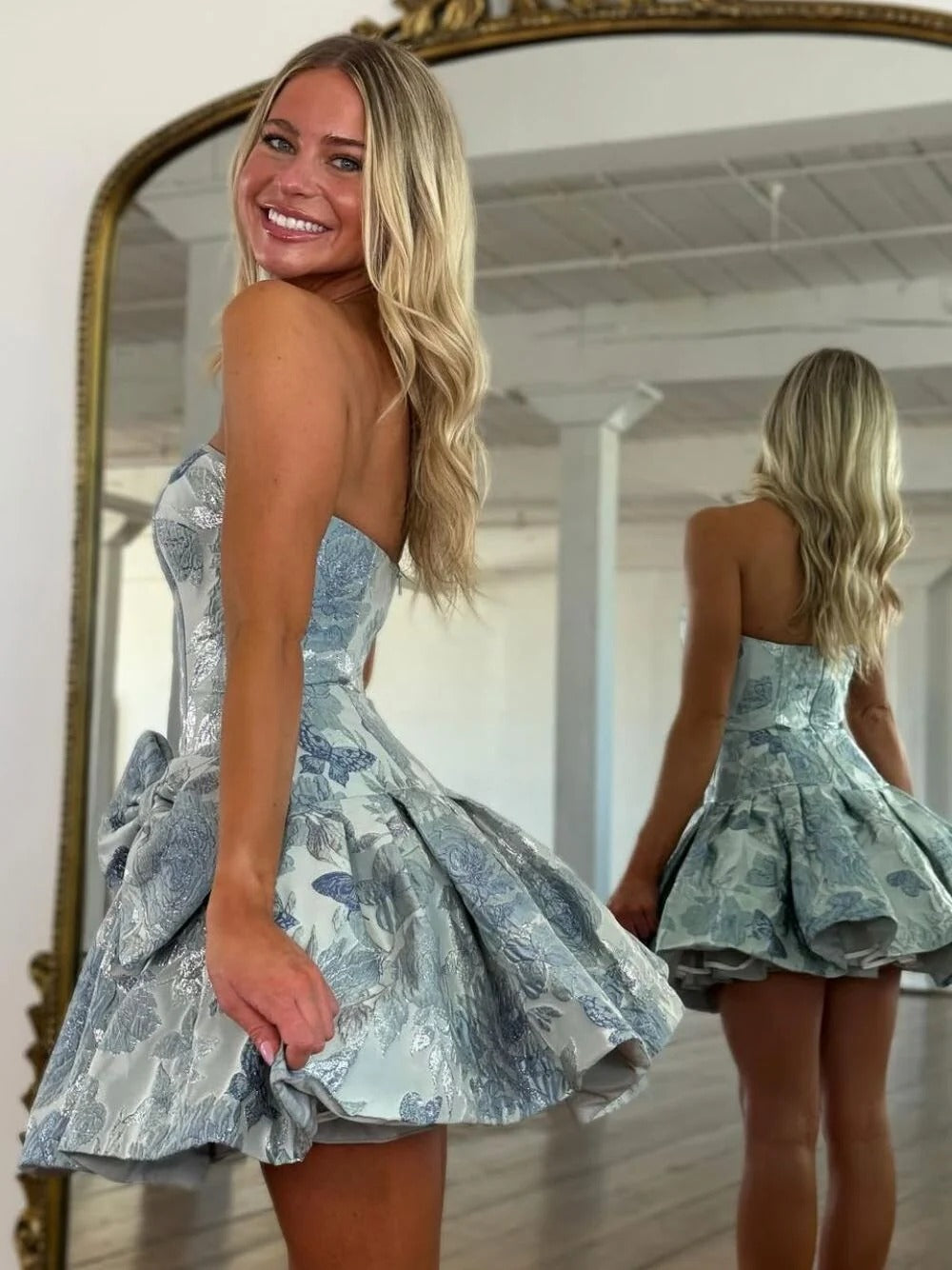 A Line Strapless Printed Short Homecoming Dress with Bowknot