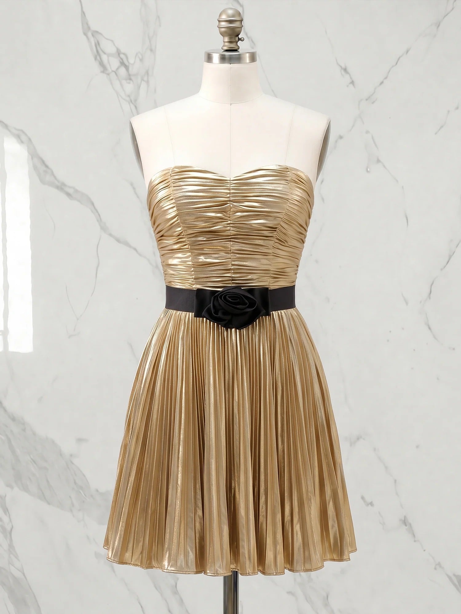 Metallic Gold Pleated Strapless Short Homecoming Dress with Black Rose Bow