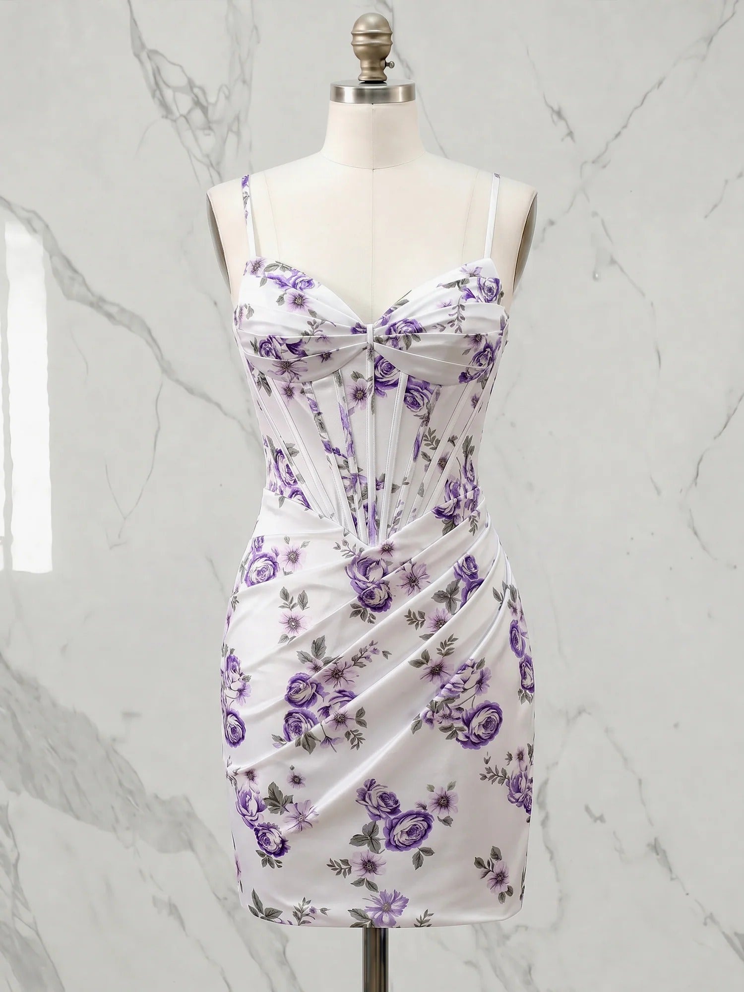 Enchanting White Purple Floral Ruched Corset Homnecoming Dress