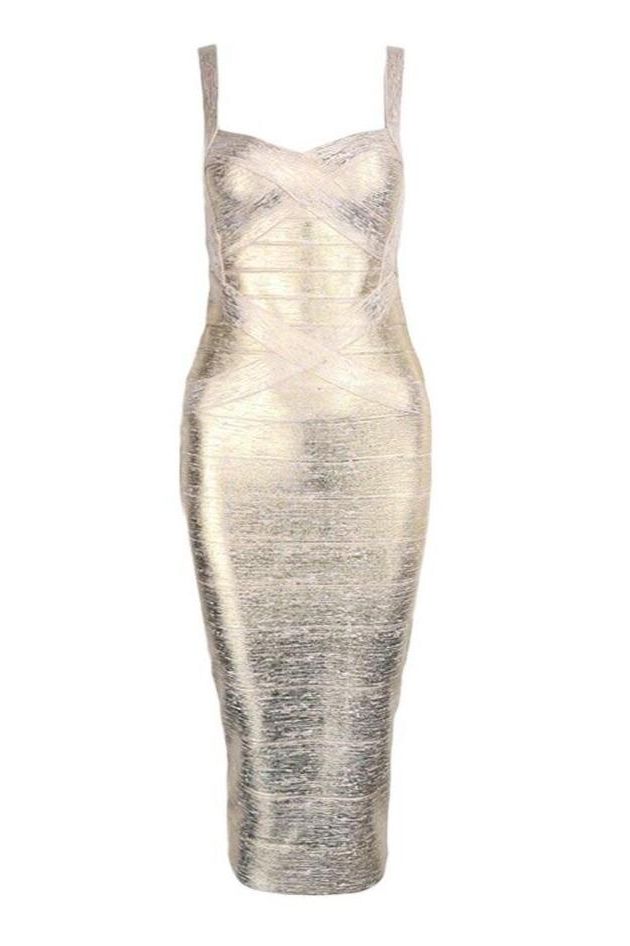 Woman wearing a gold party dress  Heidi Bandage Midi Dress - Gold BODYCON COLLECTION