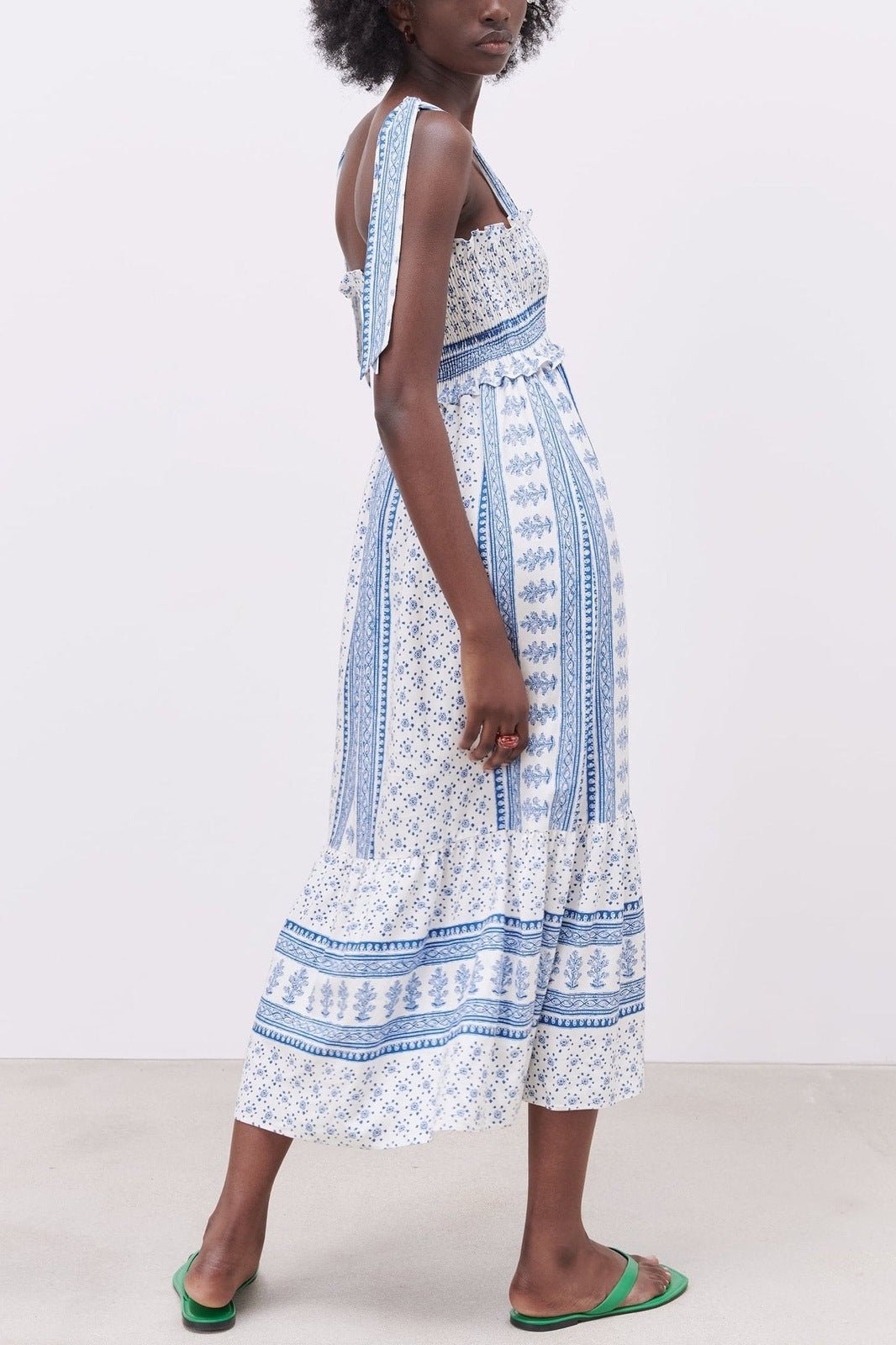 Zoe Exclusive Printed Midi Dress with Gathered Straps Chic Silhouette Collection