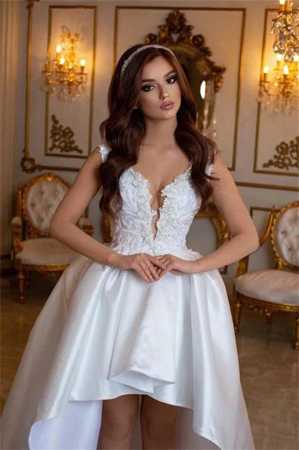 High Low V-neck Satin Lace White Wedding Dress (ZD14477)