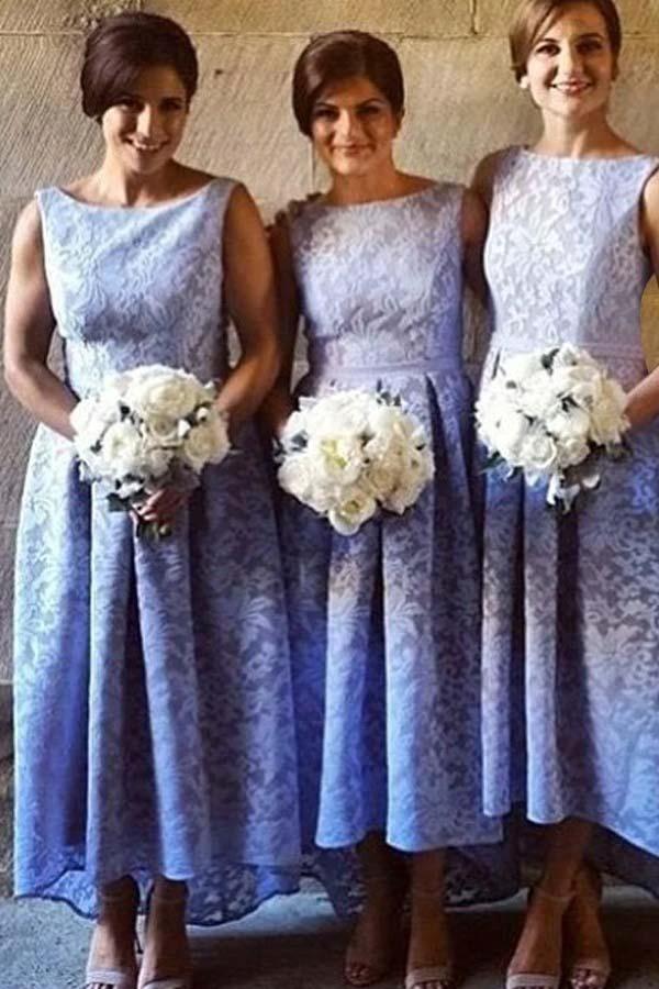 High Low Bateau Sleeveless Light Sky Blue Lace Bridesmaid Dress (ZD13223)