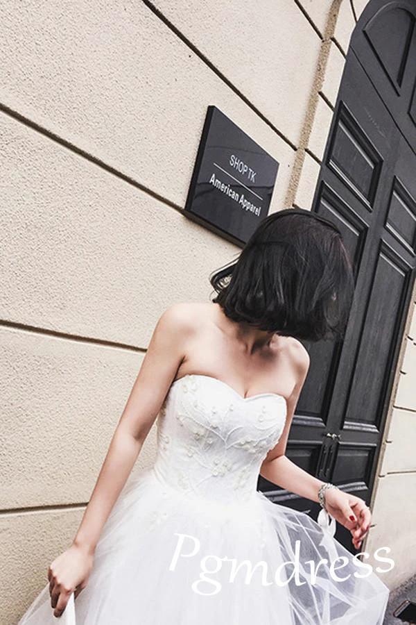 High Low Sweet Heart Tulle Beading Wedding Dresses With Court Train (ZD15461)