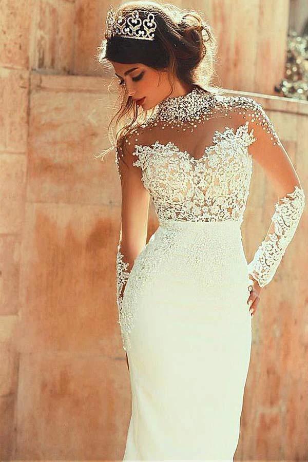 High Neckline Sheath Wedding Dresses With Beaded Lace Appliques (ZD16377)