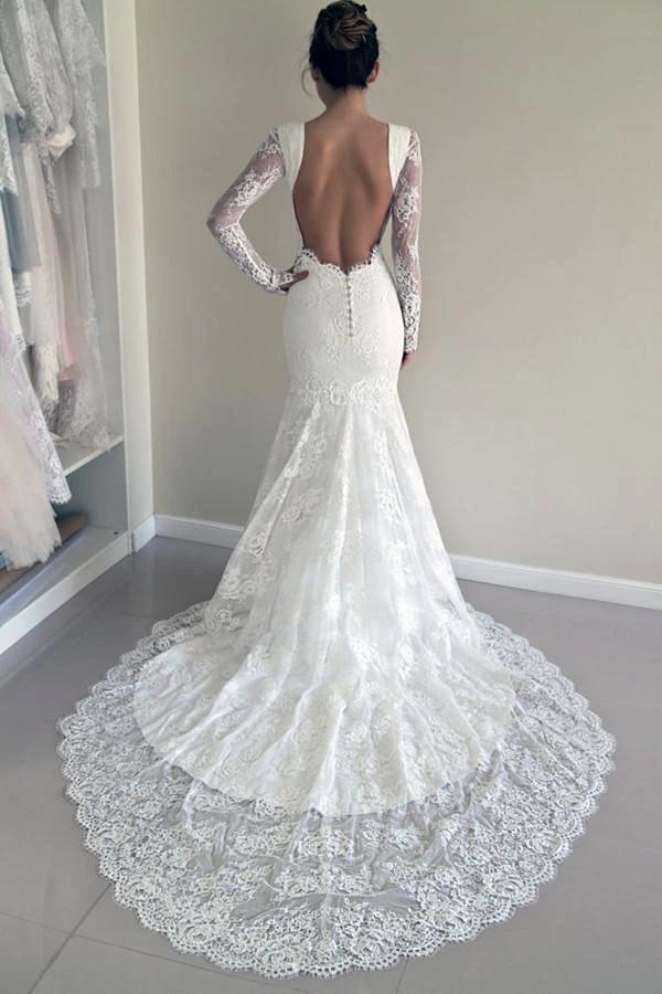 High Quality Scoop Open Back Mermaid Wedding Dress with Long Sleeves (ZD16315) - VelvetHem