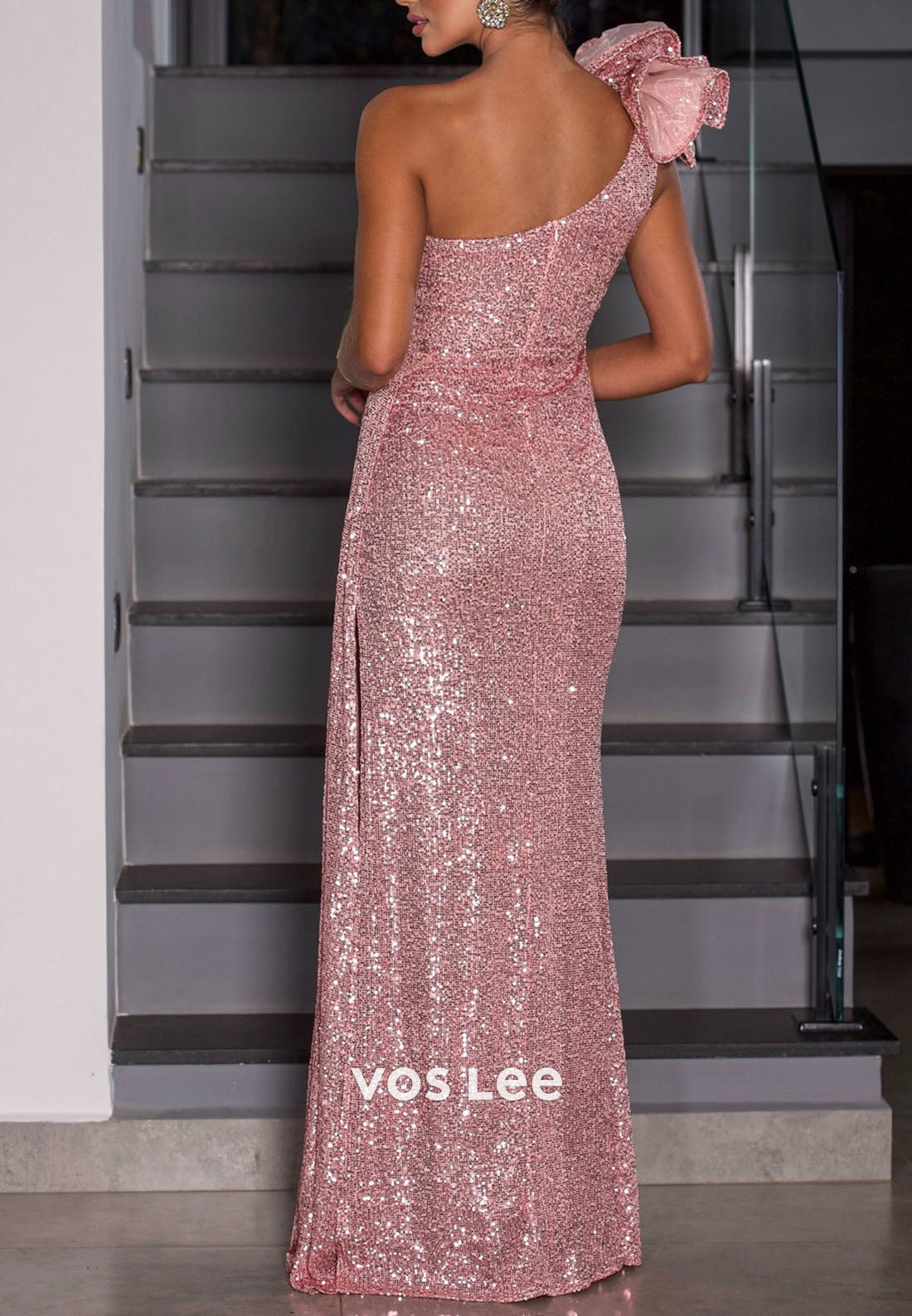 Sparkle Rose Gold Sequin Evening Dress Prom Dresses One Shoulder Split Dress