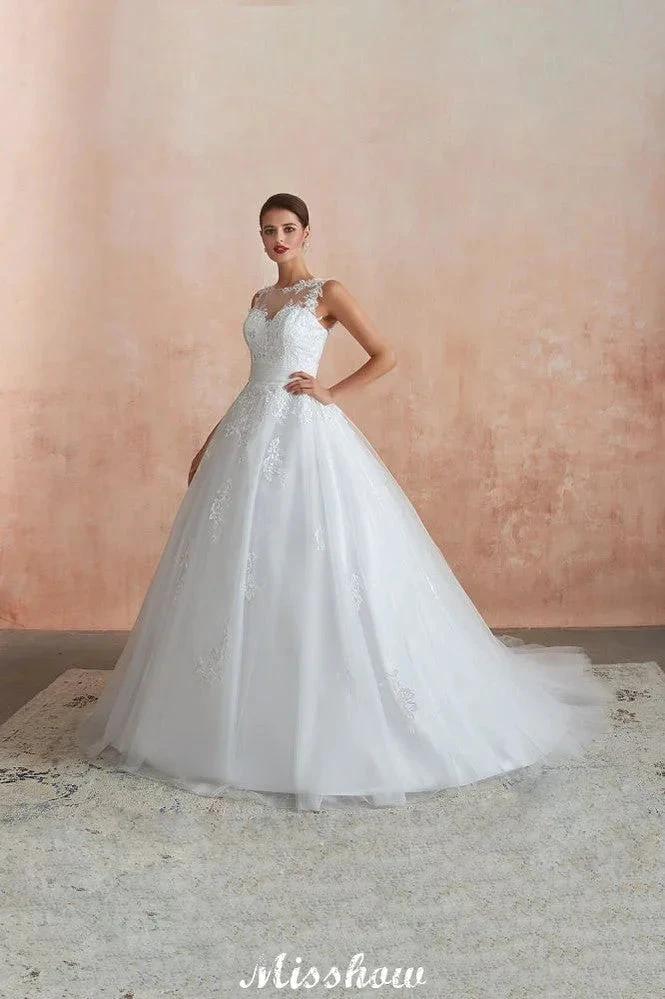 Illusion Neck White Wedding Dress Sleeveless Lace Appliques Bridal Gown online (ZD13976)