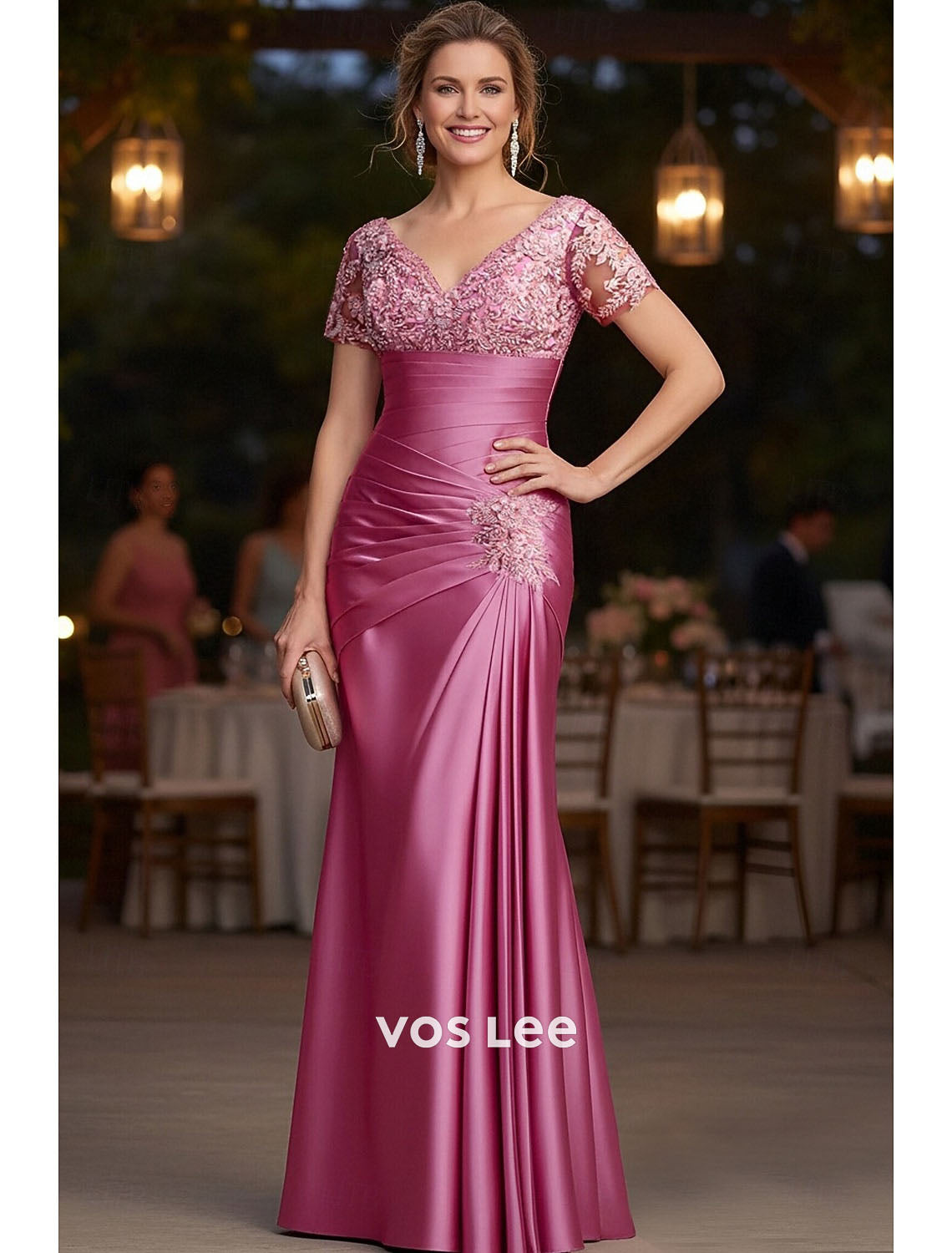 V-Neck Ruched Satin Mother of the Bride Dress with Lace Bodice