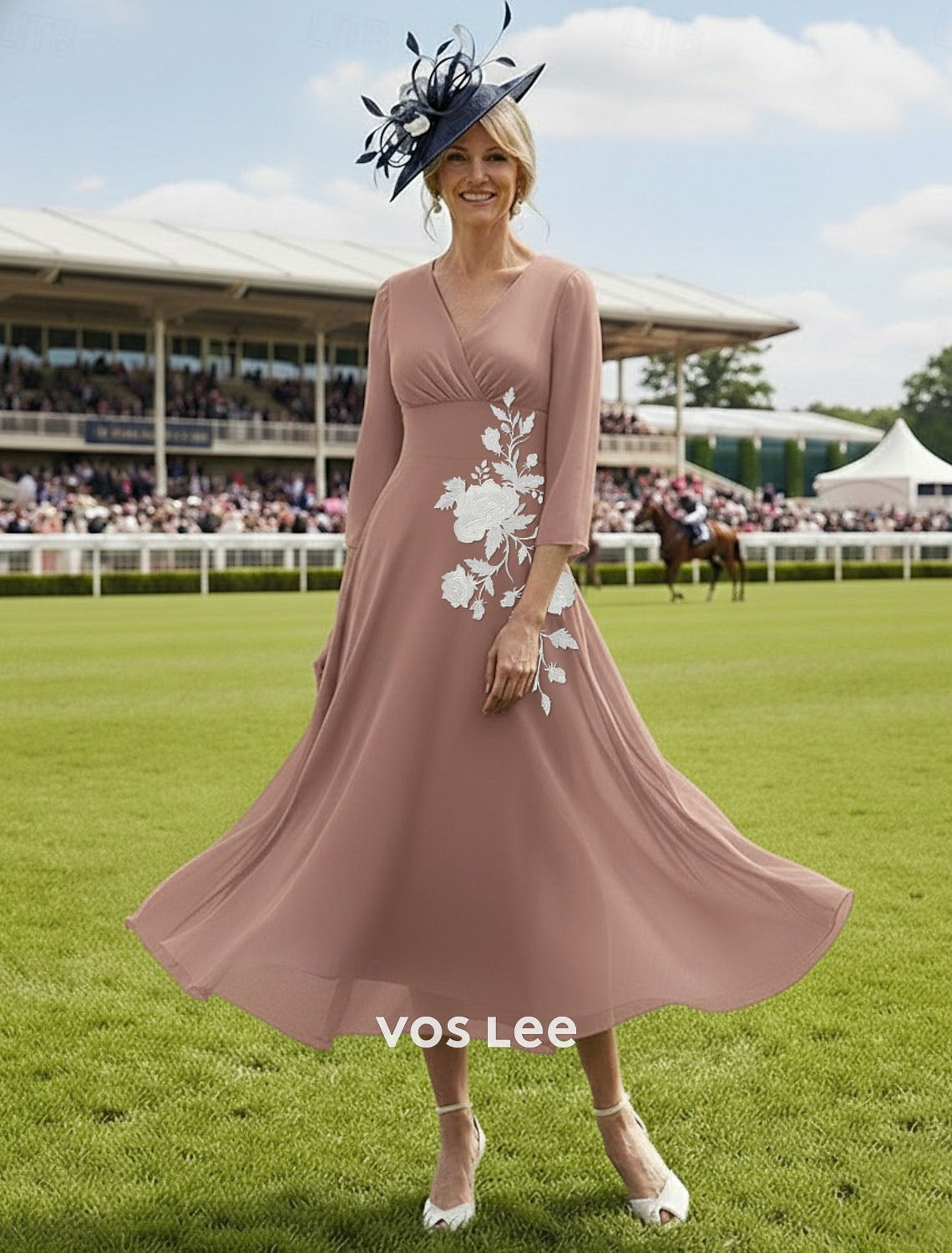 Blush Pink Chiffon Midi Dress with White Floral Embroidery | Kentucky Derby & Wedding Guest Outfit