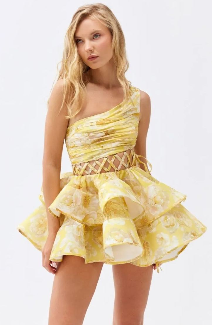 Paula Premium Floral Print One Shoulder Chiffon Mini Dress Everyday Luxe Edit