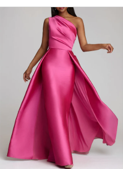 One Shoulder Evening Gown - Sleeveless Satin A-Line Formal Dress Floor Length