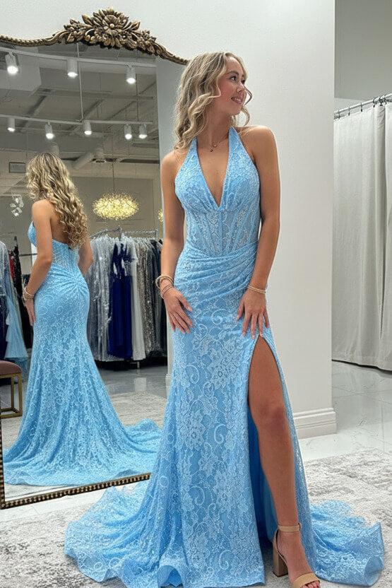 Halter Pink Prom Dress Long Lace Formal Dress With Slit