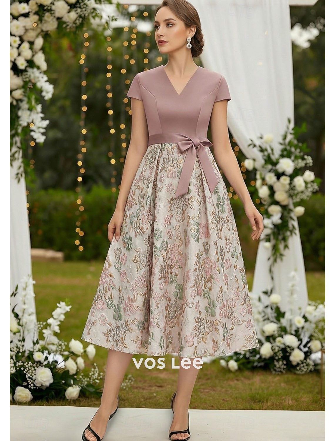 Sky Blue Floral Jacquard Fit-and-Flare Dress | V-Neck Cap Sleeve Midi Dress with Bow Belt